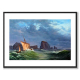 A Shetland fishing boat in stormy weather north of the Orkney Islands by Anton Melbye as a poster – white border