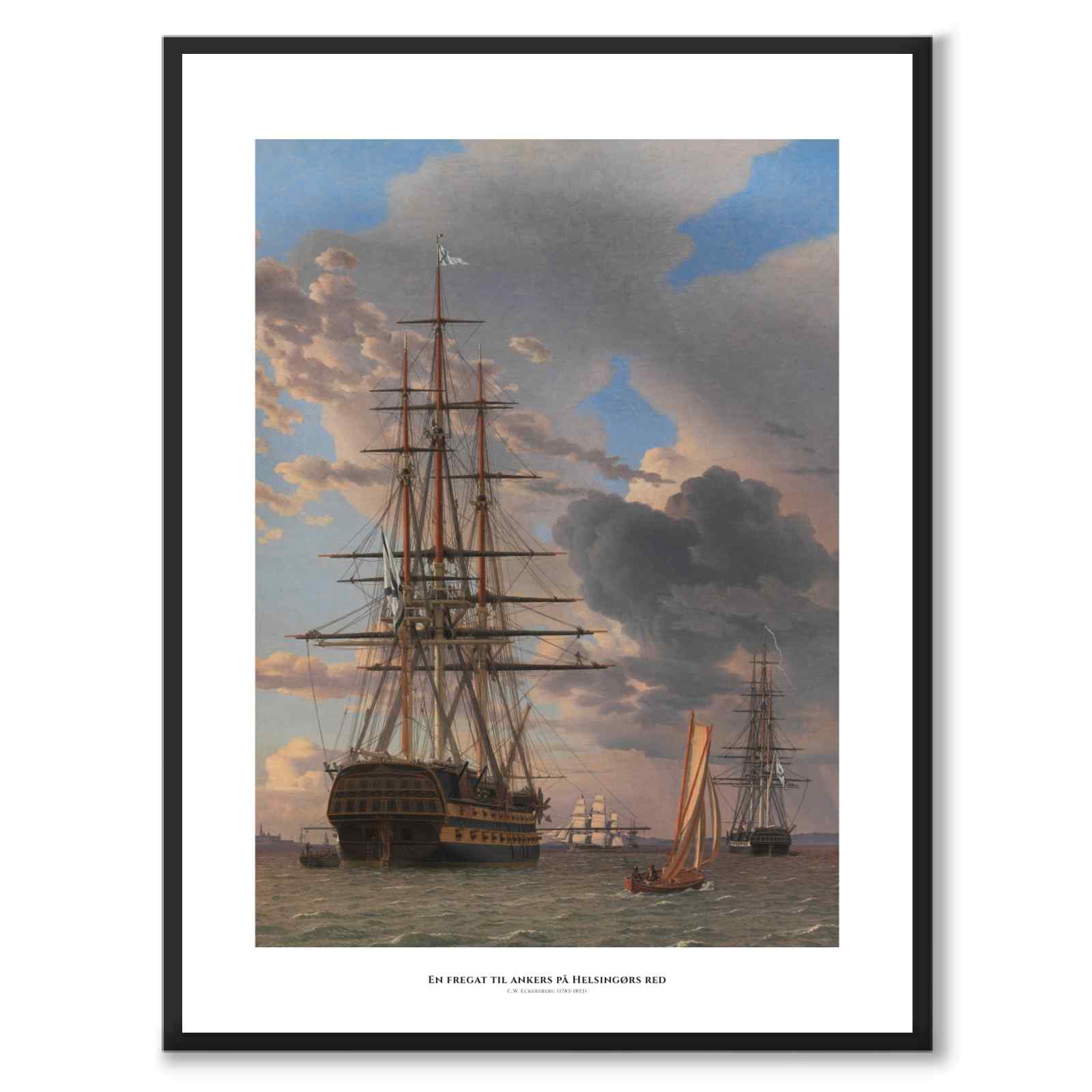 The Russian ship-of-the-line "Asow" and a frigate at anchor off Helsingør Roadstead by C.W. Eckersberg as a poster – white border & title