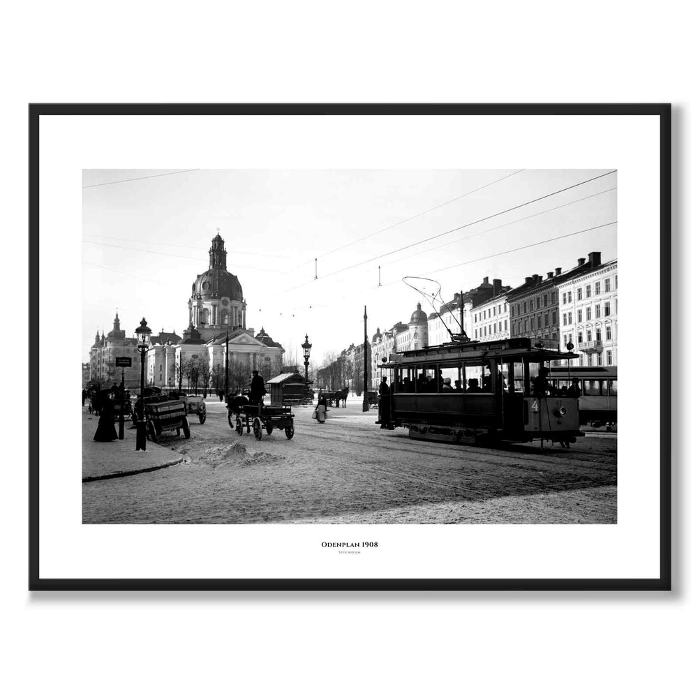 Odenplan 1908 som historisk Stockholmsposter från Historly – med vit kant och titel